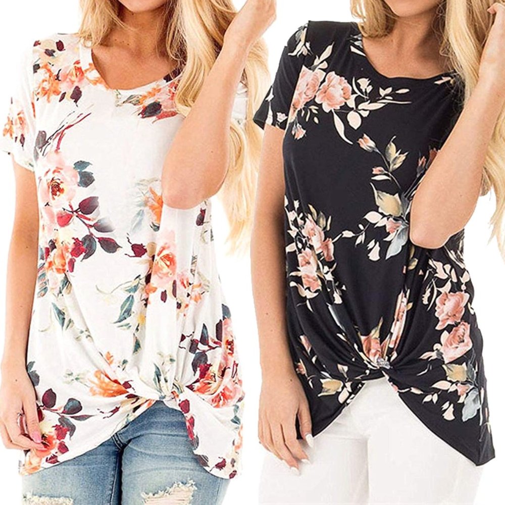 Women's Casual Floral Twist Knot Tunics Tops